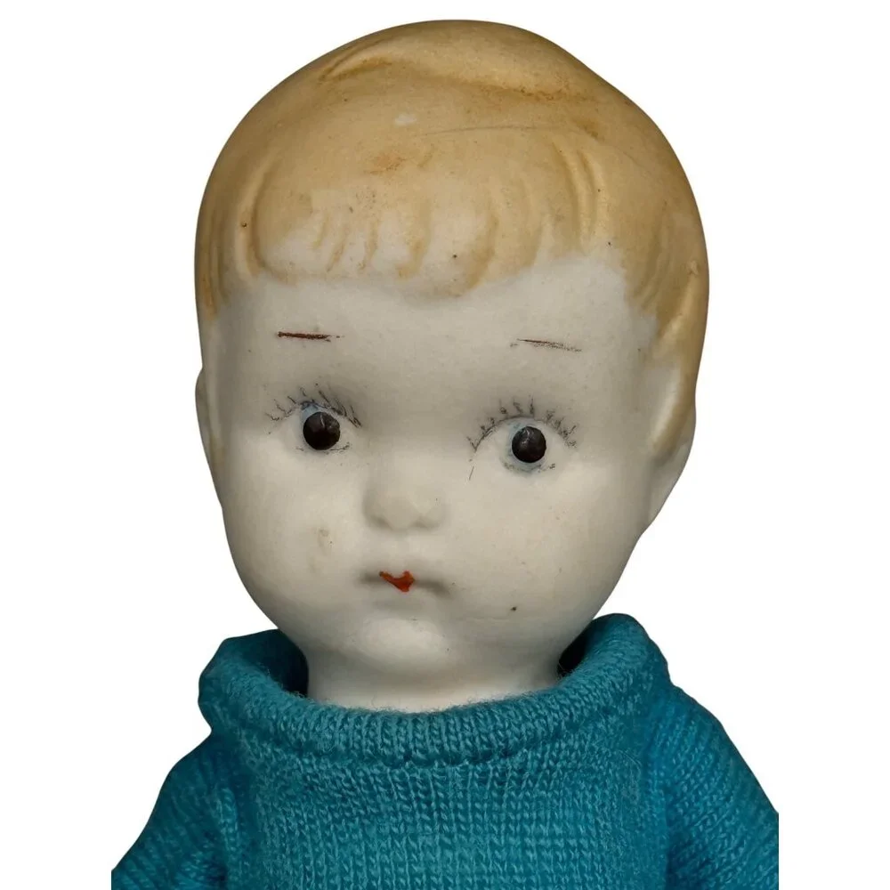Vtg 7" Jointed Bisque Doll Turquoise Knit Outfit & Button Back Closure JAPAN - Picture 2 of 7